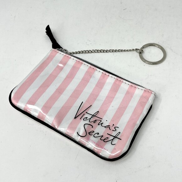 Victoria’s Secret Keychain Zippered Card Holder Pink Stripes Polka Dot Liner - Picture 2 of 5
